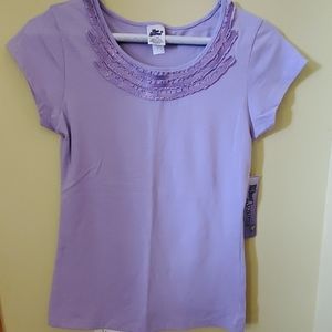 🛍 Miss Attitude purple sequins short sleeve shirt, Sz L, NWT